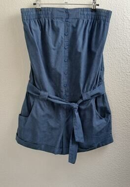 Mossimo strapless chambray romper M dark blue cotton waist tie shorts buttons
